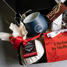Load image into Gallery viewer, The Traditional Plum Pudding Co 600g Plum Pudding Bellarine Brownie Company Turkish Delight & Pistachio Rocky Road 230gms Tea Drop Christmas blend loose leaf tea 100gms Limited edition Arida x Snug Mug by Maxwell & Williams Fudge by Rich Divine Caramel fudge
